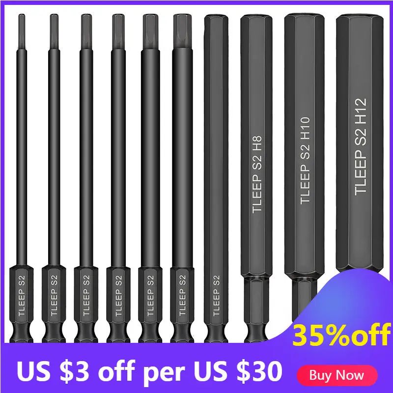 10pcs Hex Head Allen Wrench Drill Bit Set 100mm S2 Steel Allen Screwdriver Bits 1.5 to 12mm SAE Metric Hex Key Bit with Magnetic - Image 2