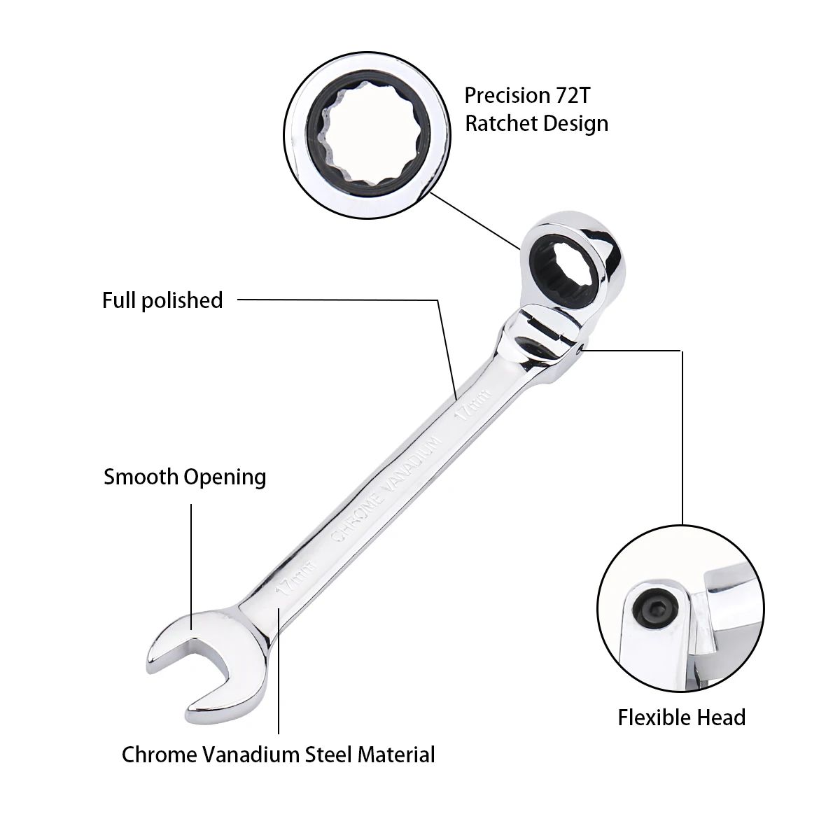 Ratchet Wrench of Keys Spanner Set Hand Tool 72-Tooth Ratcheting Flexible Head Mirror Finish 6mm-27mm Auto and Home Repair 1 pcs - Image 3