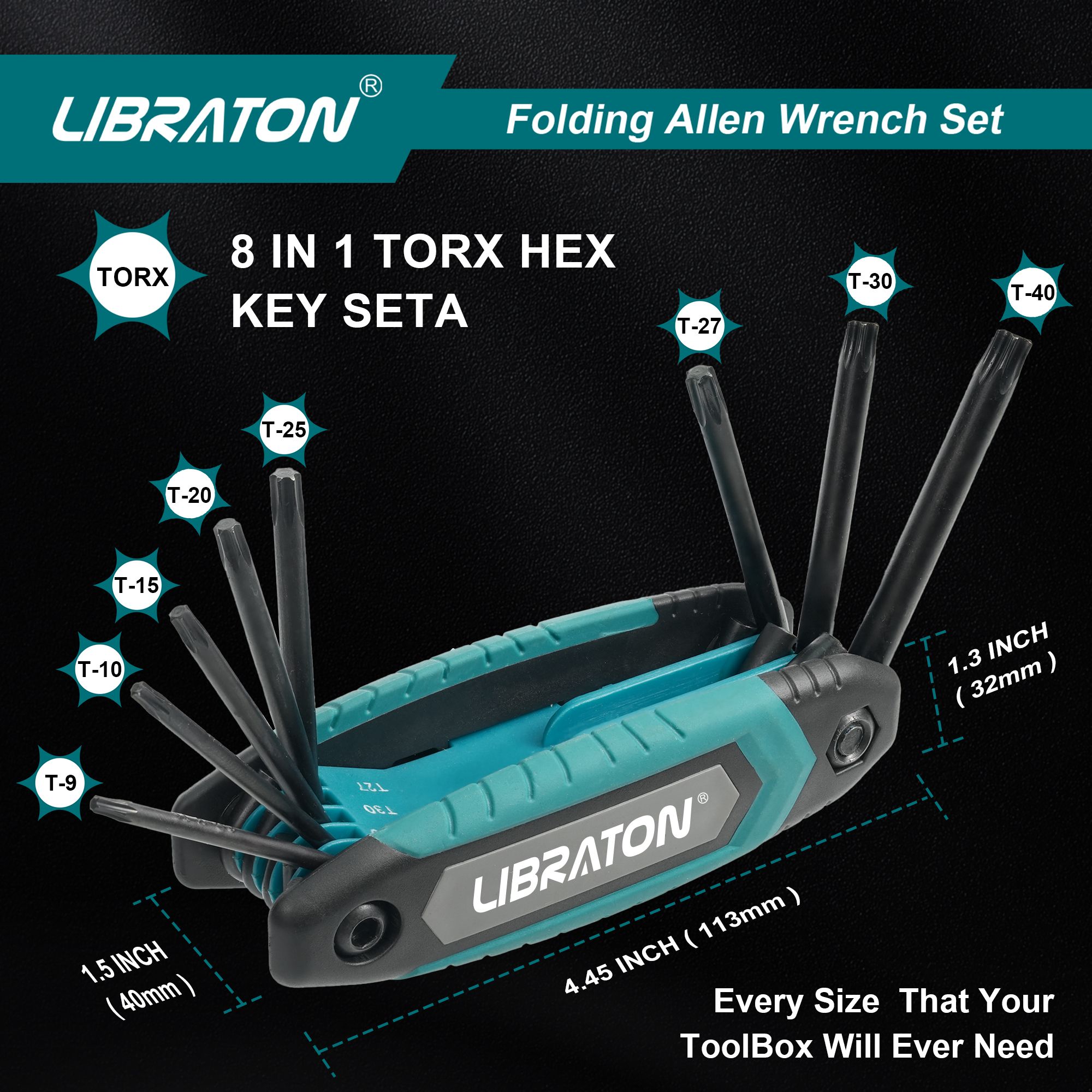 Libraton 8 in 1 Folding Torx Hex Key Allen Pocket Portable Star Wrench Kit Sizes T-9 to T-40 for Bicycle Maintenance - Image 3
