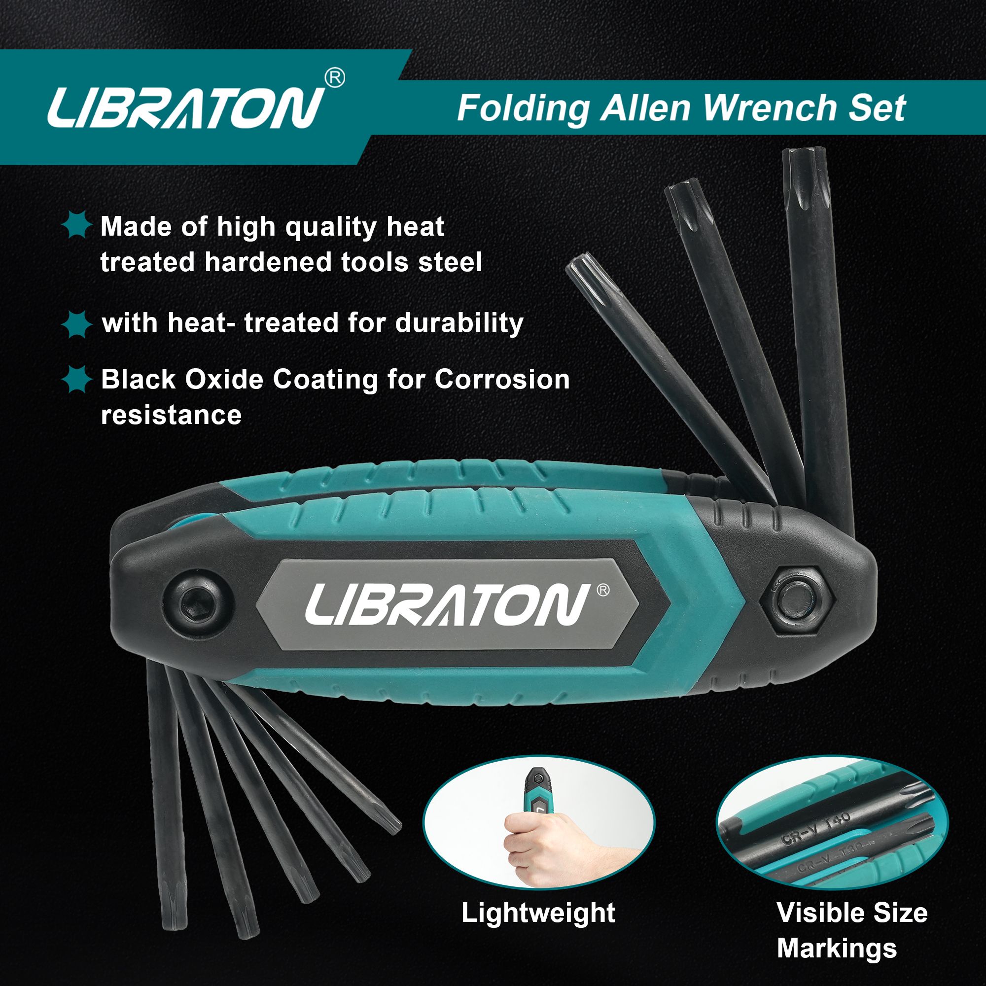 Libraton 8 in 1 Folding Torx Hex Key Allen Pocket Portable Star Wrench Kit Sizes T-9 to T-40 for Bicycle Maintenance - Image 2