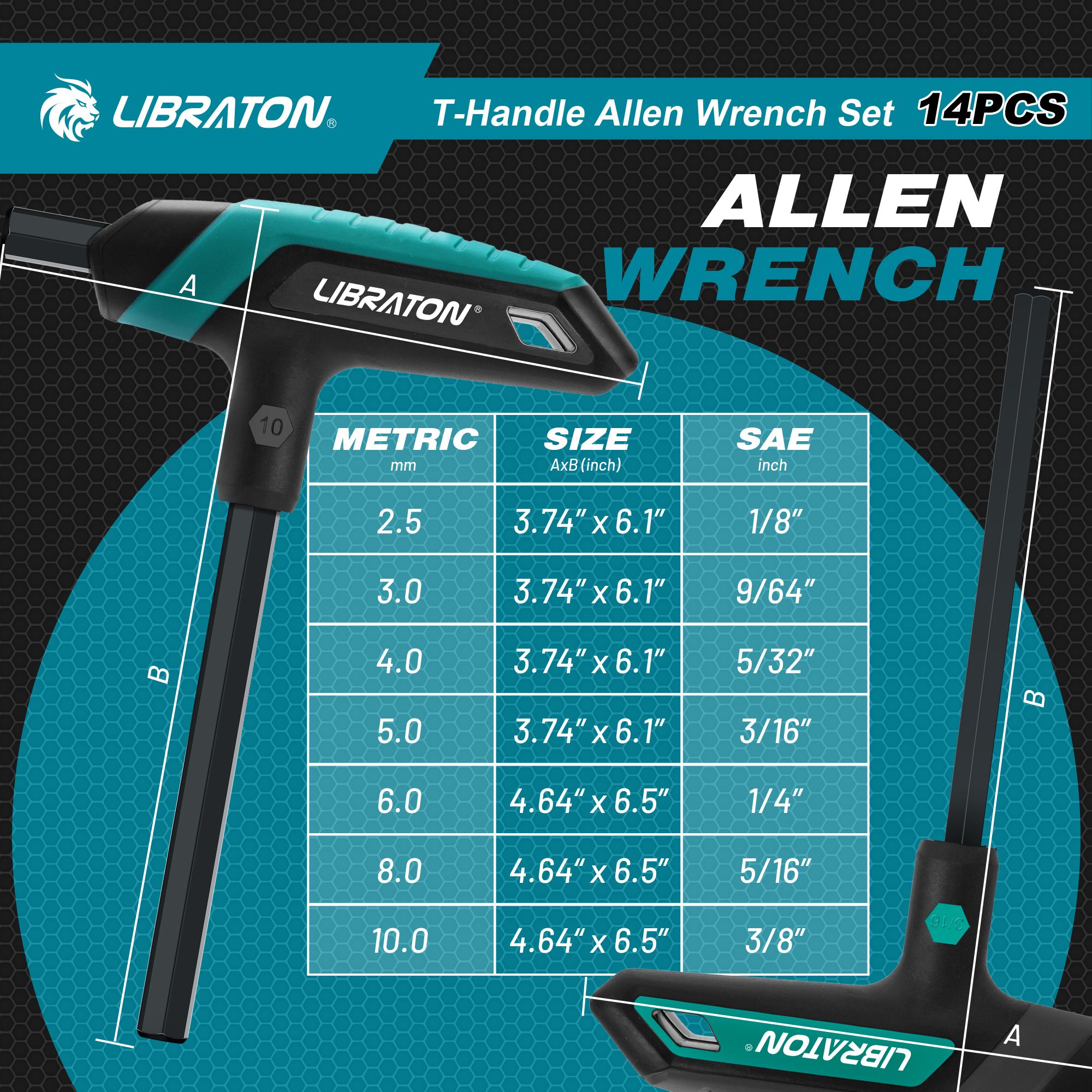 LIBRATON 14PCS Metric & SAE T Handle Hex Key,T-handle Allen Wrench Set, Auto Bike Repair Tool, with Storage Rack,Two-Tip Design - Image 2
