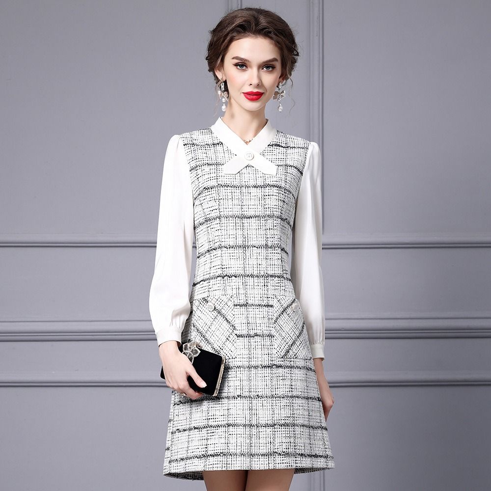 OC 413n57 Women's Dress Handmade Basic Casual Dresses Autumn and Winter Coarse Floral Woolen Commuting Skirt Customization Plaid Top - Image 1