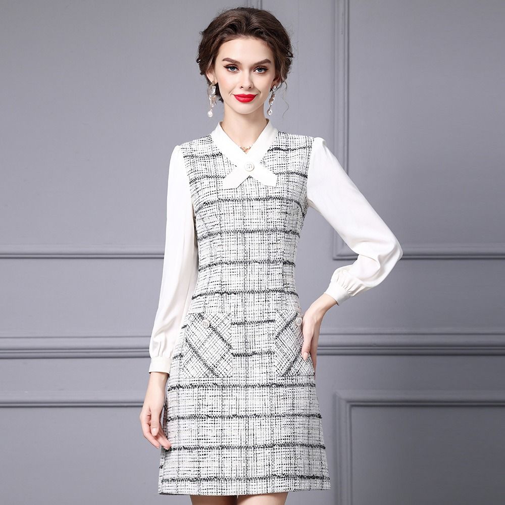 OC 413n57 Women's Dress Handmade Basic Casual Dresses Autumn and Winter Coarse Floral Woolen Commuting Skirt Customization Plaid Top - Image 2
