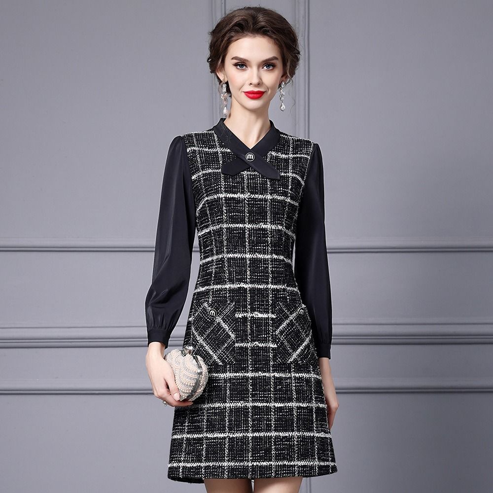 OC 413n57 Women's Dress Handmade Basic Casual Dresses Autumn and Winter Coarse Floral Woolen Commuting Skirt Customization Plaid Top - Image 5