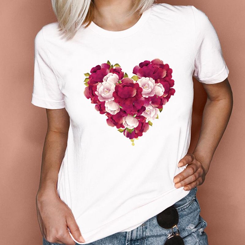 Flower Pattern Tshirt OC0010# Maryya Large Short Sleeve T Shirt Summer Women's Flower Pattern Cartoon Heart Top Personalized Customization Pattern - Image 2