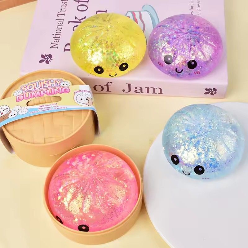 Colorful Glitter Dumpling Stress Balls - Sensory Squeeze Toy for Relaxation and Stress Relief - Food Squishy Bun Steamer Shape Gift - Image 3