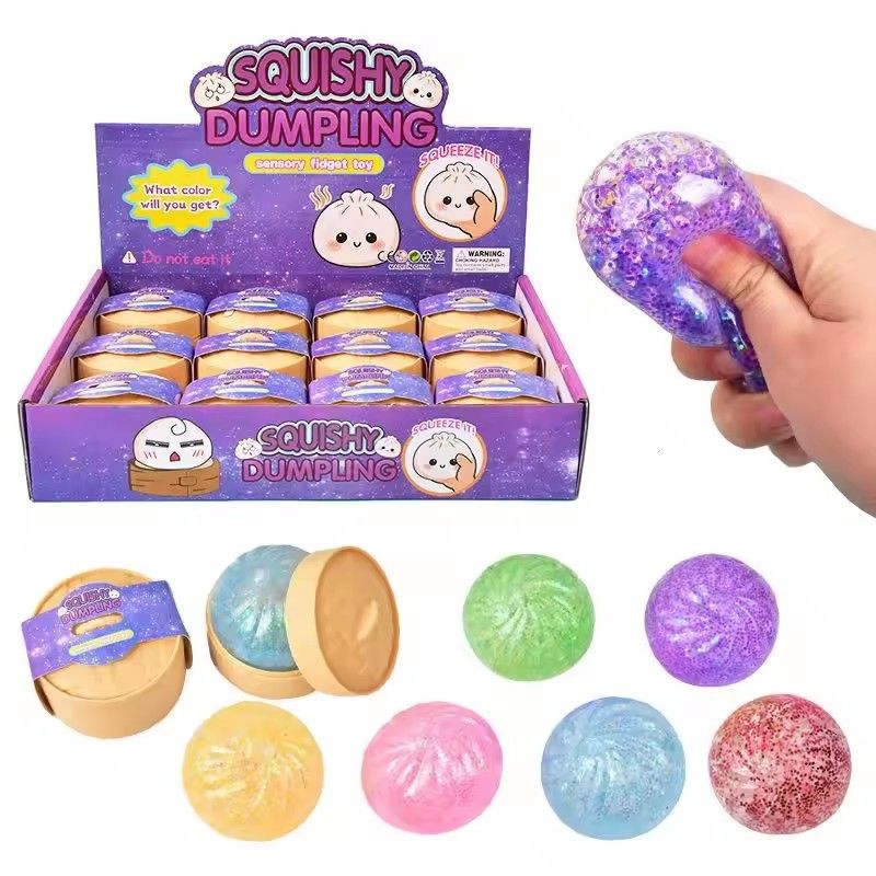 Colorful Glitter Dumpling Stress Balls - Sensory Squeeze Toy for Relaxation and Stress Relief - Food Squishy Bun Steamer Shape Gift - Image 2