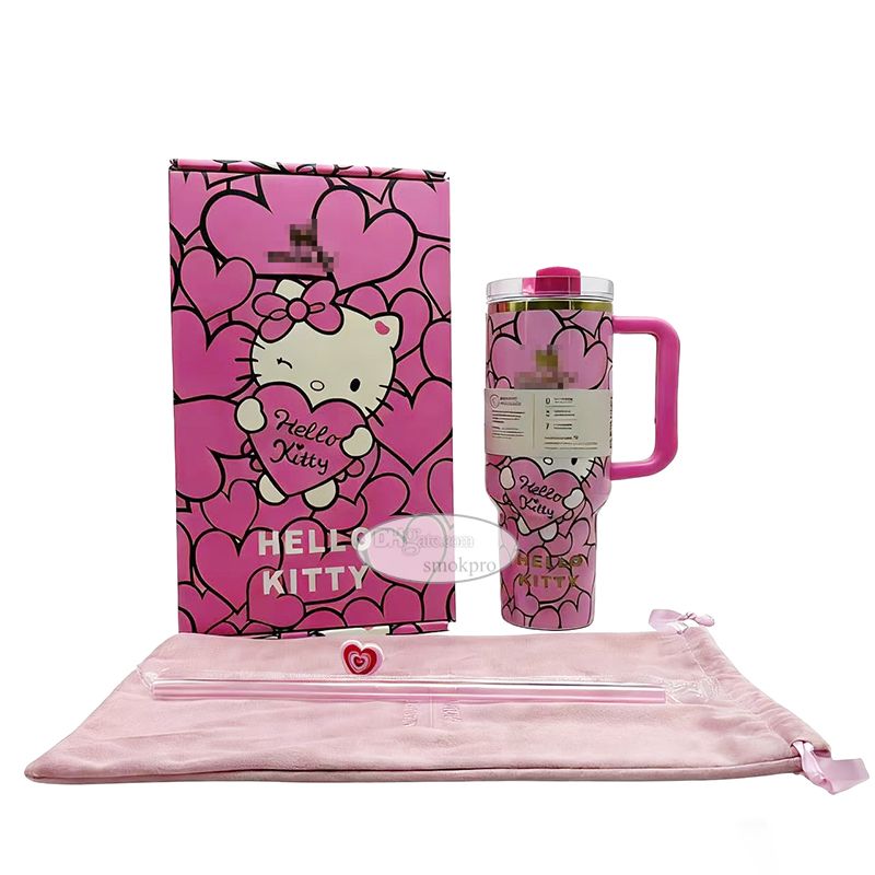 40oz Red / Pink Cat Designer Image Tumbler Water Cup Mug With Handle Straw and Leakproof Lid - Image 3