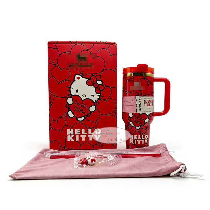 40oz Red / Pink Cat Designer Image Tumbler Water Cup Mug With Handle Straw and Leakproof Lid - Image 2