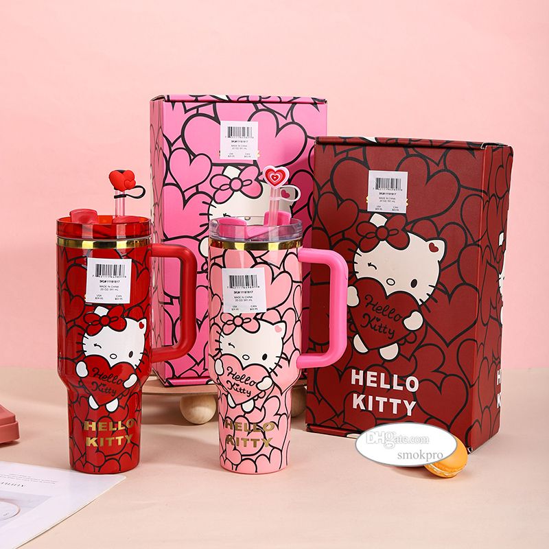 40oz Red / Pink Cat Designer Image Tumbler Water Cup Mug With Handle Straw and Leakproof Lid - Image 1