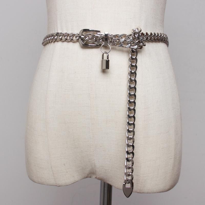 Gold Chain Belt Lock Metal Belts For Women Cuban Key Chains Silver Punks Dress Waistband Long Ketting Riem Cummerbunds - Image 2
