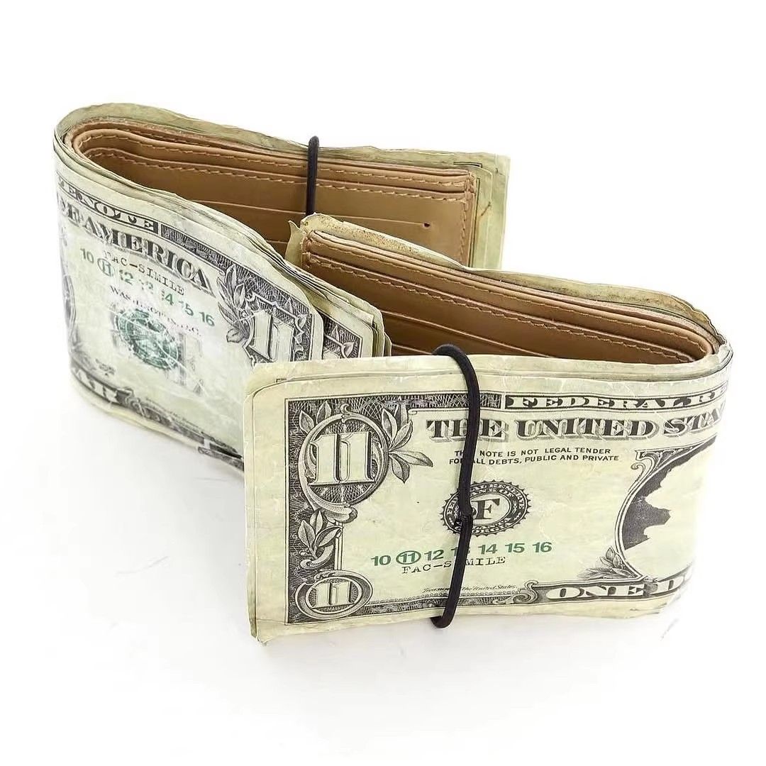 American Vintage Short Wallet Premium Cowhide & Tyvek Dollar Bill Design Unique Money-Shape Card Holder & Keychain Combo, Retro Streetwear Essential for Men & Women - Image 2