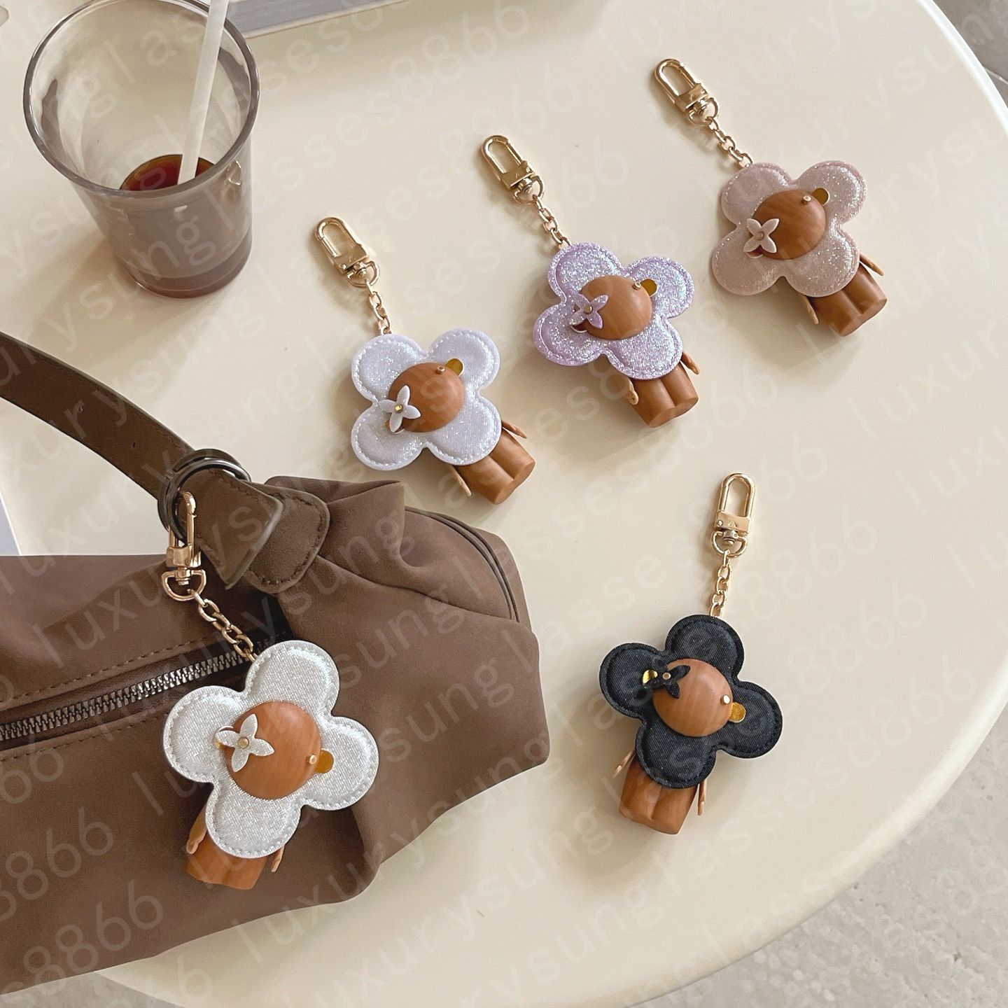 Luxury Bag charms designer wallet flower doll wood keyring lanyards decoration fashion men women bag decor gift key buckle simple keychain - Image 2