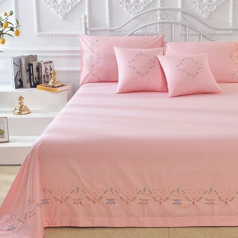 100% pure cotton Greek key embroidery 3-piece double XL Kendall bed sheet set white/light green/pink 240816 - Image 1