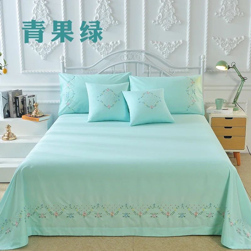 100% pure cotton Greek key embroidery 3-piece double XL Kendall bed sheet set white/light green/pink 240816 - Image 4
