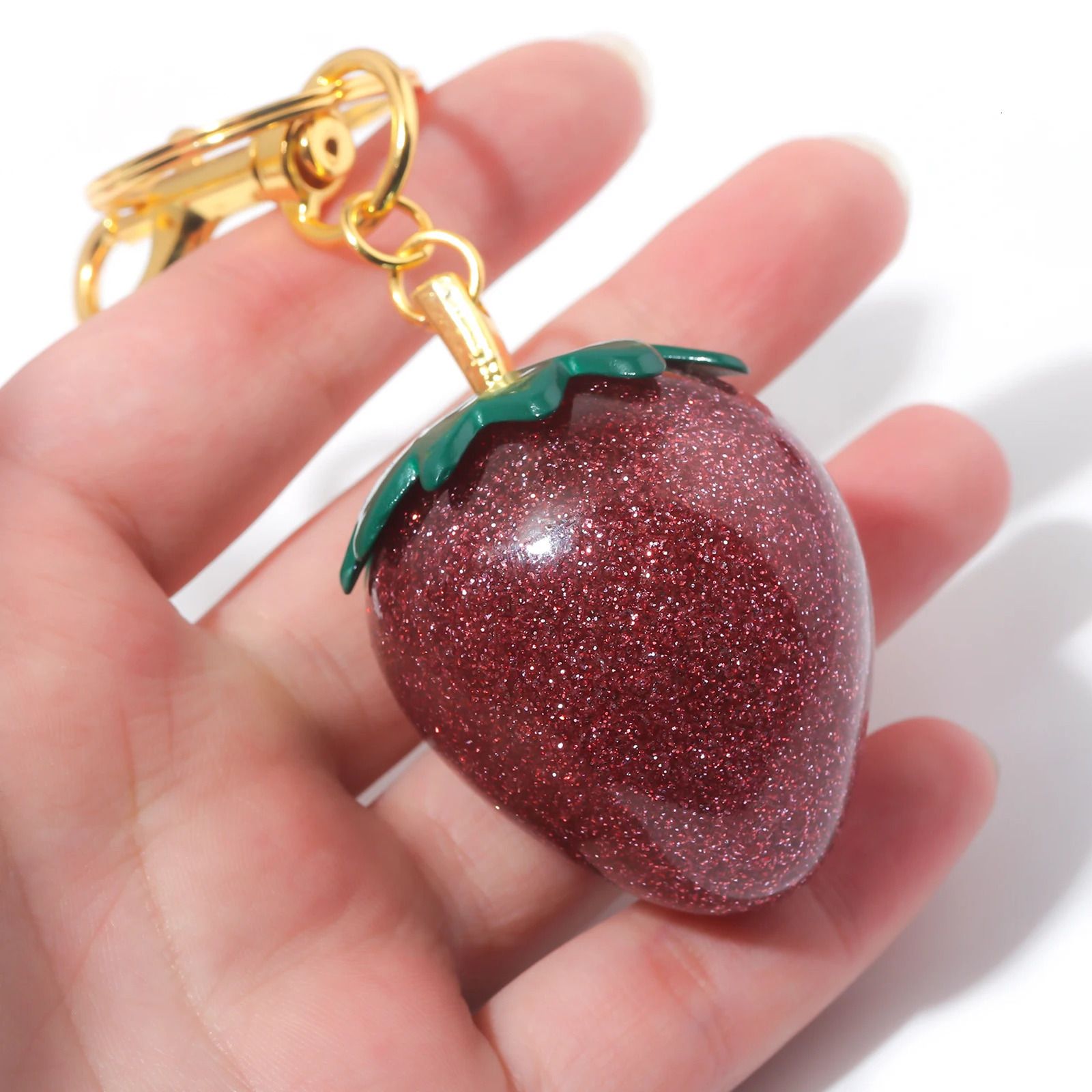Glitter Strawberry Charm Keychain Exquisite Red Crystal Cherry Apple Key Chain for Women Bag Purse Pendant Accessories Gift - Image 2