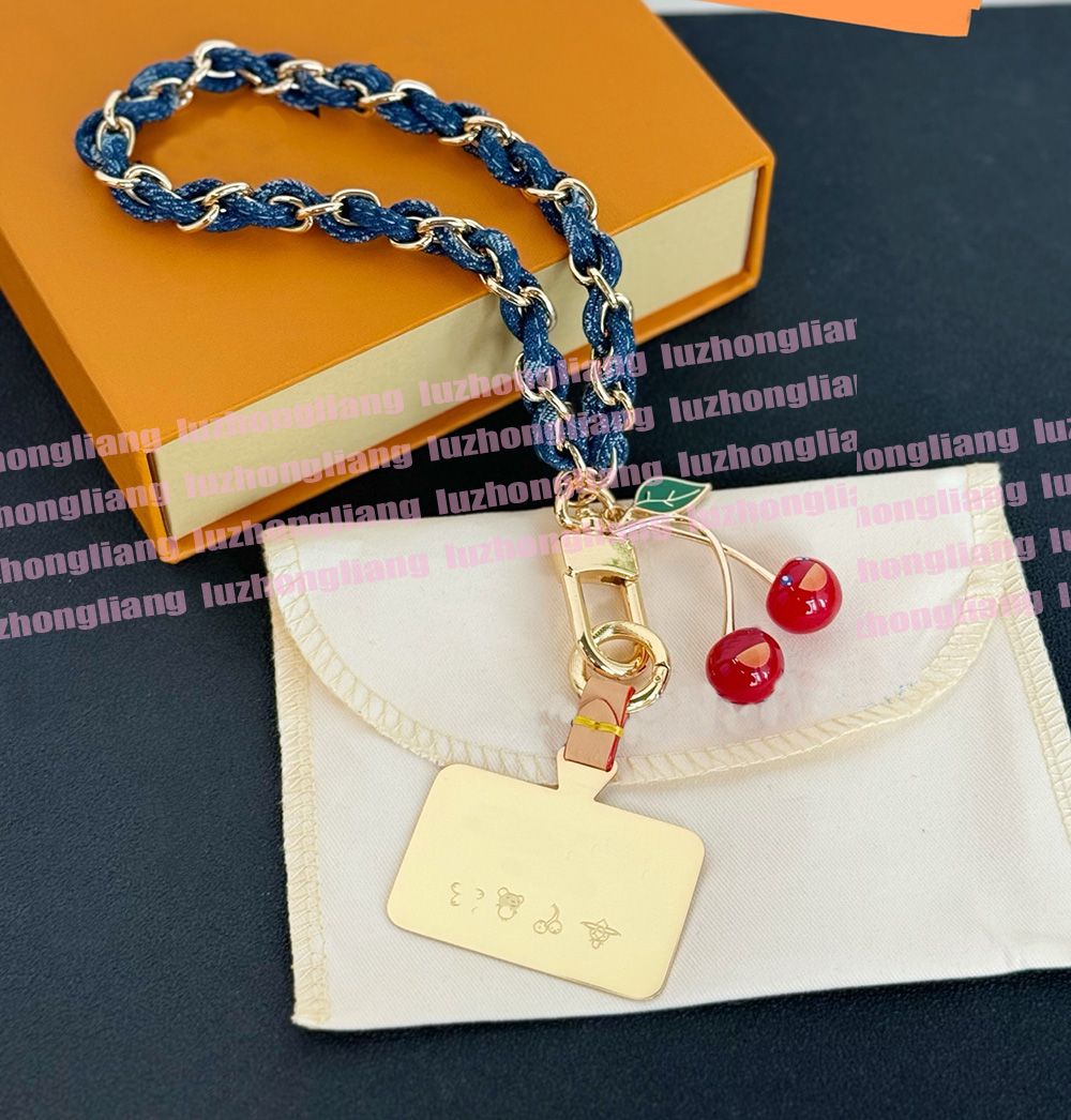 Takashi Murakami Series Designer High-End Denim Chain Phone Charm Keychain Cherry Pendant Luxury Phone Strap 8888888888 - Image 1