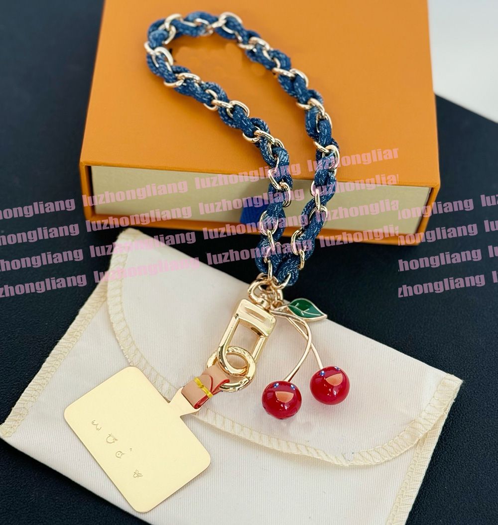 Takashi Murakami Series Designer High-End Denim Chain Phone Charm Keychain Cherry Pendant Luxury Phone Strap 8888888888 - Image 3