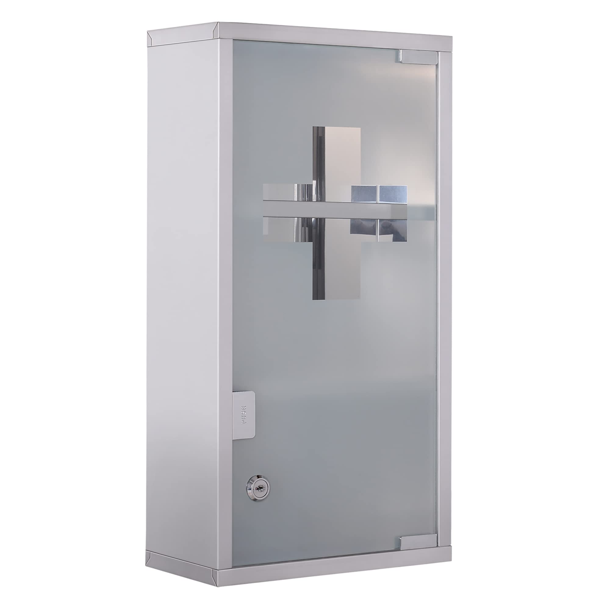 HOMCOM Medicine Cabinet 2 Shelves 3 Levels Lockable Door Tempered Glass Frosted Cross Logo 25L x 12W x 48H cm Stainless Steel - Image 1