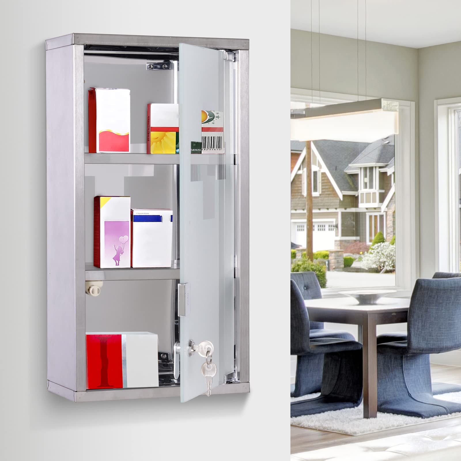 HOMCOM Medicine Cabinet 2 Shelves 3 Levels Lockable Door Tempered Glass Frosted Cross Logo 25L x 12W x 48H cm Stainless Steel - Image 2