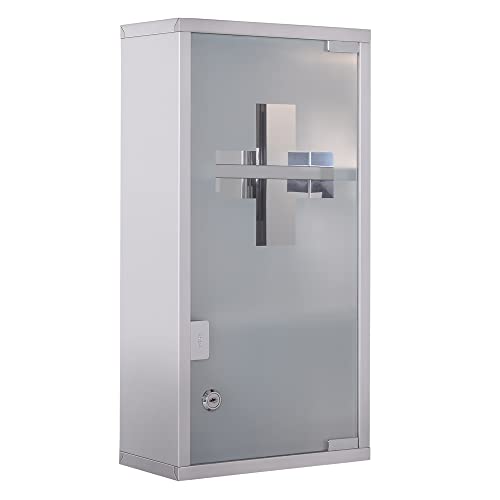 HOMCOM Medicine Cabinet 2 Shelves 3 Levels Lockable Door Tempered Glass Frosted Cross Logo 25L x 12W x 48H cm Stainless Steel - Image 5