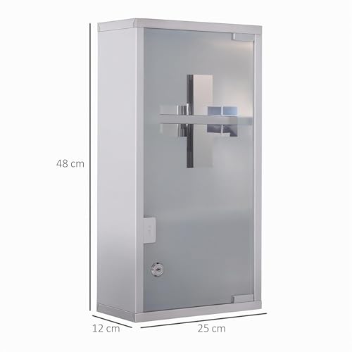 HOMCOM Medicine Cabinet 2 Shelves 3 Levels Lockable Door Tempered Glass Frosted Cross Logo 25L x 12W x 48H cm Stainless Steel - Image 7