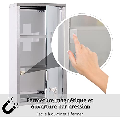 HOMCOM Medicine Cabinet 2 Shelves 3 Levels Lockable Door Tempered Glass Frosted Cross Logo 25L x 12W x 48H cm Stainless Steel - Image 8