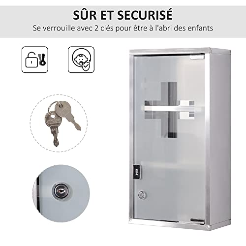 HOMCOM Medicine Cabinet 2 Shelves 3 Levels Lockable Door Tempered Glass Frosted Cross Logo 25L x 12W x 48H cm Stainless Steel - Image 9