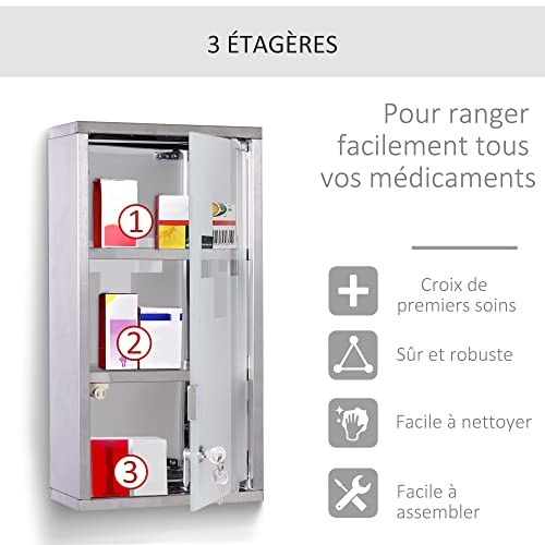 HOMCOM Medicine Cabinet 2 Shelves 3 Levels Lockable Door Tempered Glass Frosted Cross Logo 25L x 12W x 48H cm Stainless Steel - Image 10