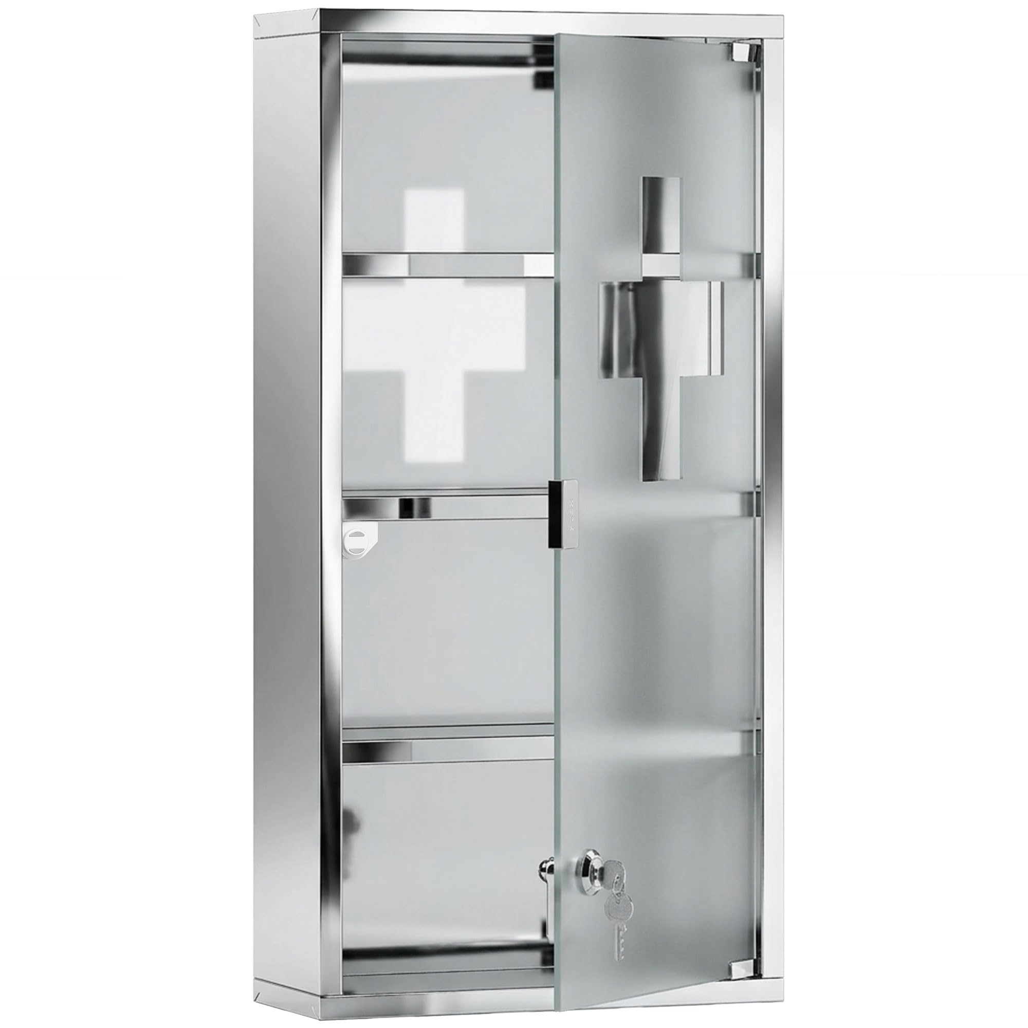 HOMCOM Medicine Cabinet with 3 Shelves 4 Levels 30L x 12W x 60H cm with Tempered Glass Door Cross Symbol Brushed Stainless Steel - Image 1