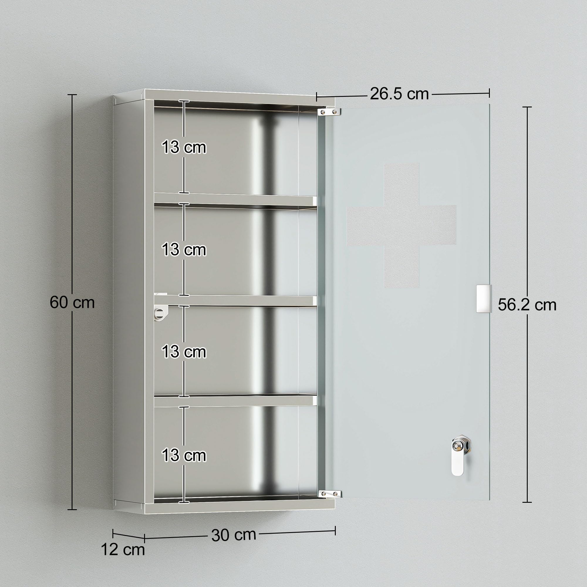 HOMCOM Medicine Cabinet with 3 Shelves 4 Levels 30L x 12W x 60H cm with Tempered Glass Door Cross Symbol Brushed Stainless Steel - Image 3