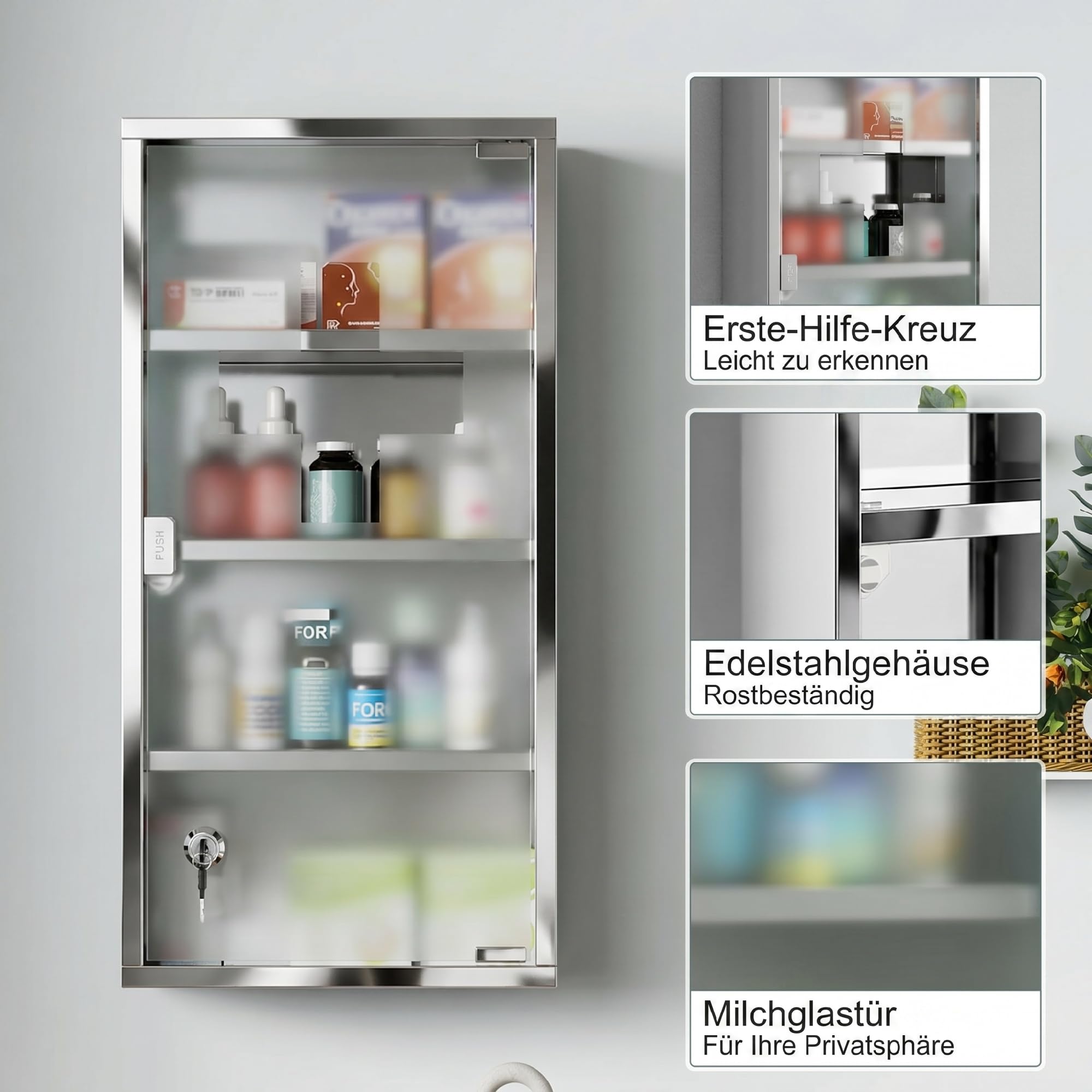 HOMCOM Medicine Cabinet with 3 Shelves 4 Levels 30L x 12W x 60H cm with Tempered Glass Door Cross Symbol Brushed Stainless Steel - Image 5