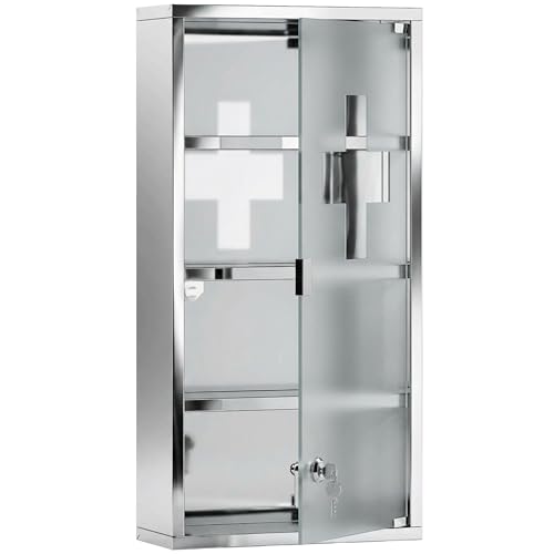 HOMCOM Medicine Cabinet with 3 Shelves 4 Levels 30L x 12W x 60H cm with Tempered Glass Door Cross Symbol Brushed Stainless Steel - Image 6