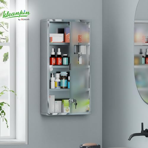 HOMCOM Medicine Cabinet with 3 Shelves 4 Levels 30L x 12W x 60H cm with Tempered Glass Door Cross Symbol Brushed Stainless Steel - Image 7
