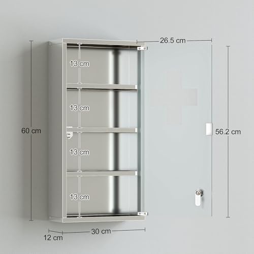 HOMCOM Medicine Cabinet with 3 Shelves 4 Levels 30L x 12W x 60H cm with Tempered Glass Door Cross Symbol Brushed Stainless Steel - Image 8