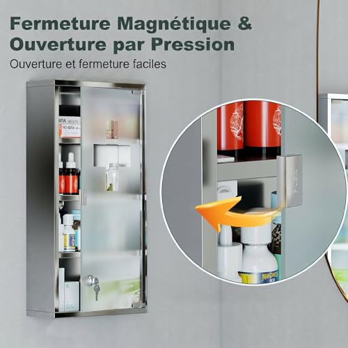 HOMCOM Medicine Cabinet with 3 Shelves 4 Levels 30L x 12W x 60H cm with Tempered Glass Door Cross Symbol Brushed Stainless Steel - Image 9