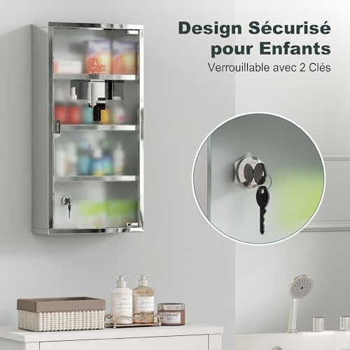 HOMCOM Medicine Cabinet with 3 Shelves 4 Levels 30L x 12W x 60H cm with Tempered Glass Door Cross Symbol Brushed Stainless Steel - Image 10