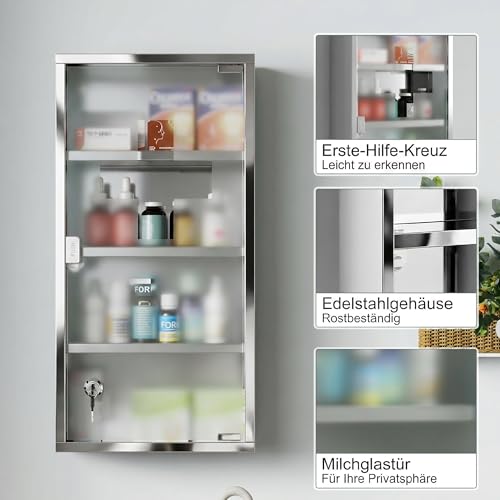 HOMCOM Medicine Cabinet with 3 Shelves 4 Levels 30L x 12W x 60H cm with Tempered Glass Door Cross Symbol Brushed Stainless Steel - Image 11