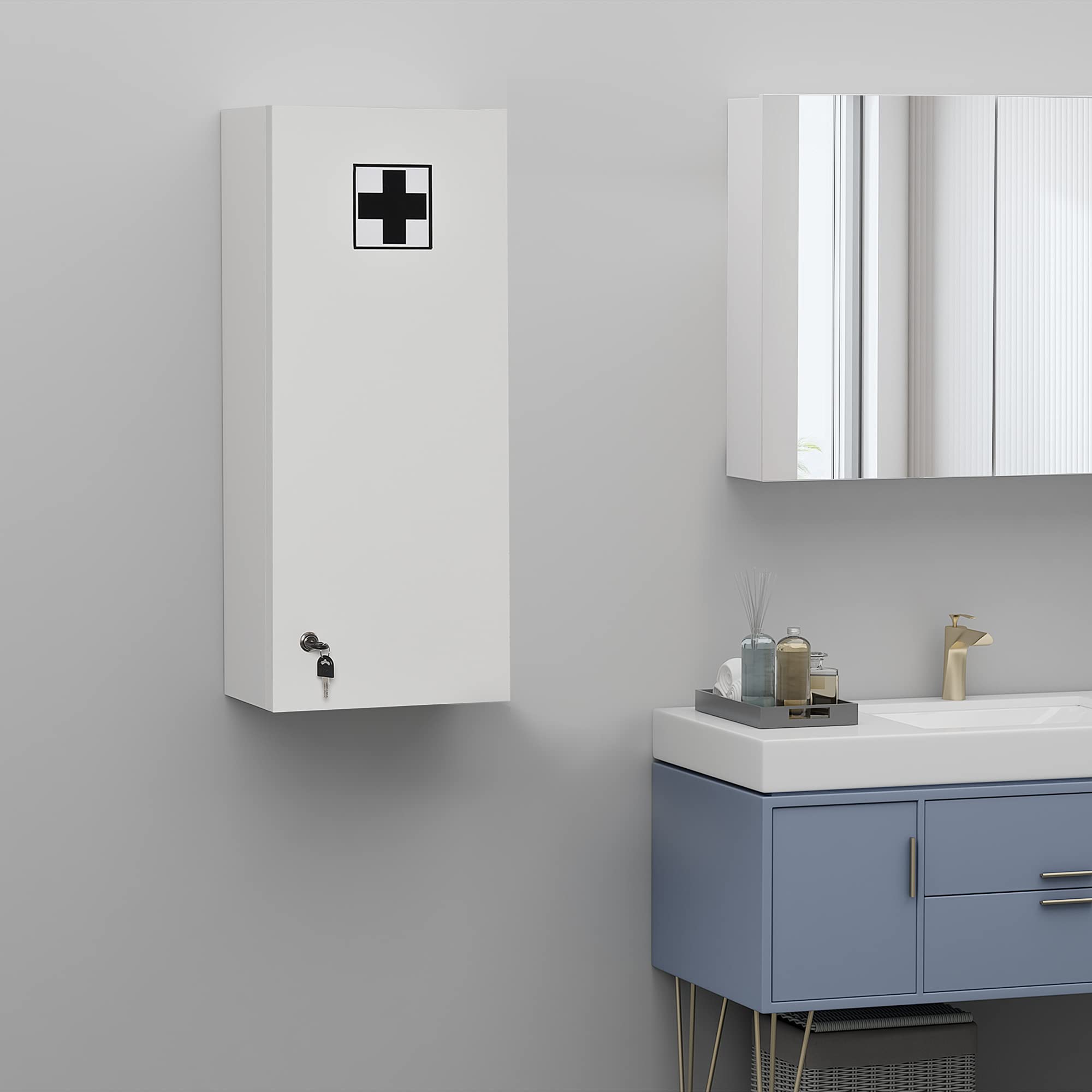 kleankin Wall Mounted Medicine Cabinet with Lock, 5 Shelves and Adjustable Shelves, Wood and Glass, White, 30 x 20 x 70 cm - Image 2