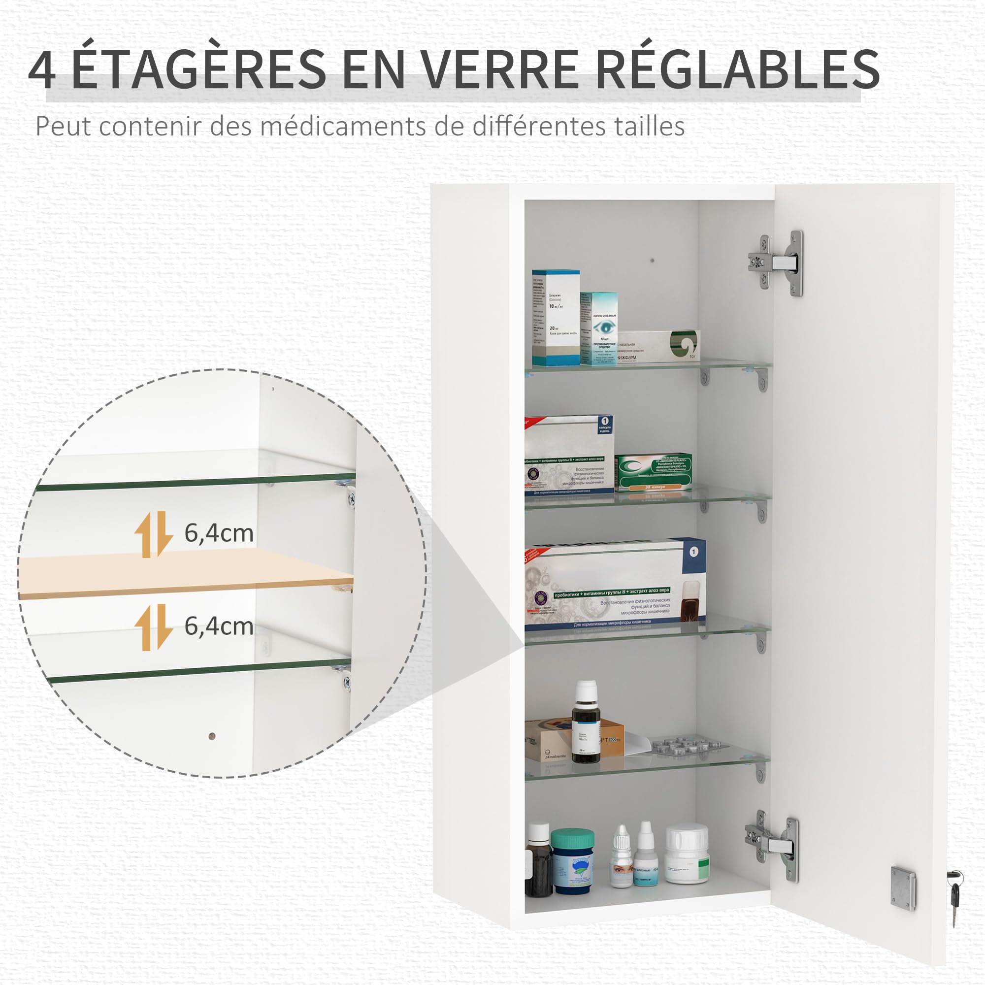 kleankin Wall Mounted Medicine Cabinet with Lock, 5 Shelves and Adjustable Shelves, Wood and Glass, White, 30 x 20 x 70 cm - Image 3