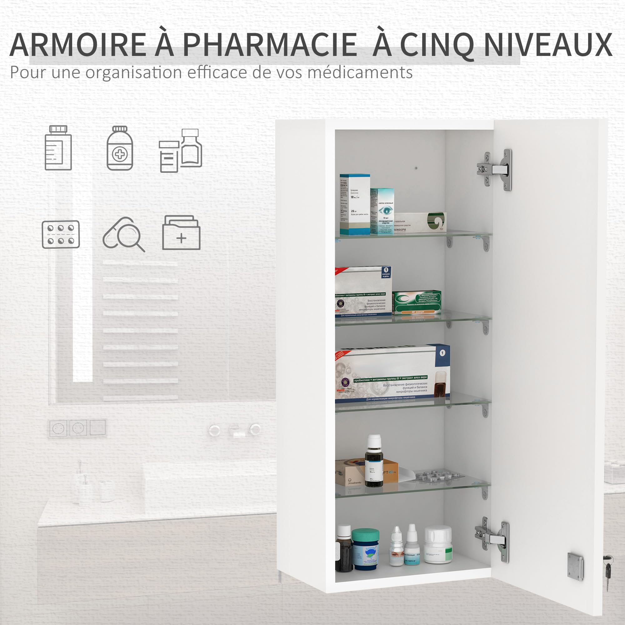 kleankin Wall Mounted Medicine Cabinet with Lock, 5 Shelves and Adjustable Shelves, Wood and Glass, White, 30 x 20 x 70 cm - Image 5
