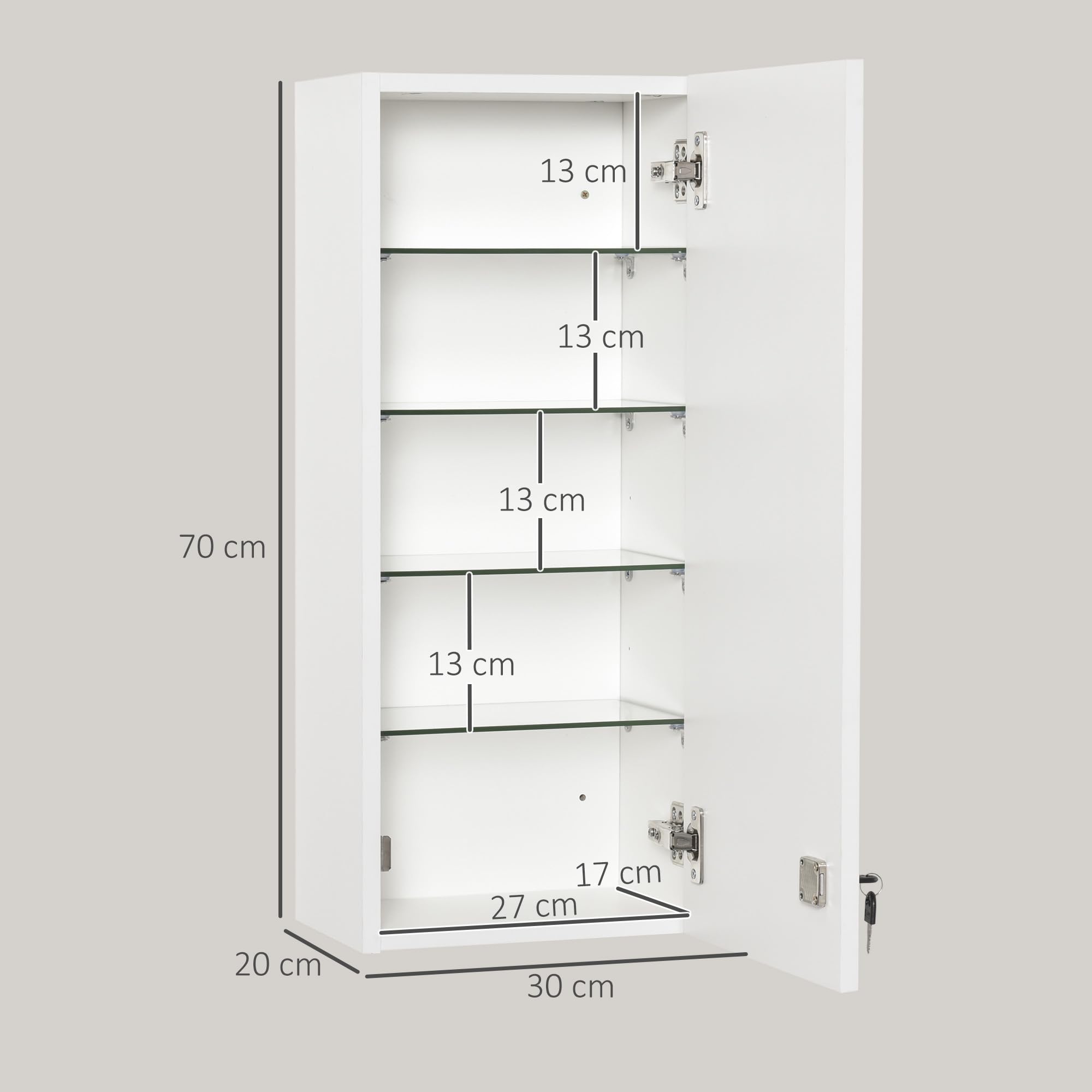 kleankin Wall Mounted Medicine Cabinet with Lock, 5 Shelves and Adjustable Shelves, Wood and Glass, White, 30 x 20 x 70 cm - Image 6