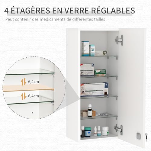 kleankin Wall Mounted Medicine Cabinet with Lock, 5 Shelves and Adjustable Shelves, Wood and Glass, White, 30 x 20 x 70 cm - Image 9