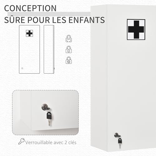 kleankin Wall Mounted Medicine Cabinet with Lock, 5 Shelves and Adjustable Shelves, Wood and Glass, White, 30 x 20 x 70 cm - Image 11