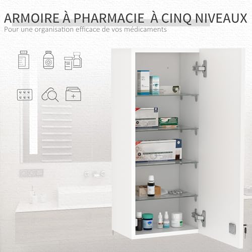 kleankin Wall Mounted Medicine Cabinet with Lock, 5 Shelves and Adjustable Shelves, Wood and Glass, White, 30 x 20 x 70 cm - Image 12