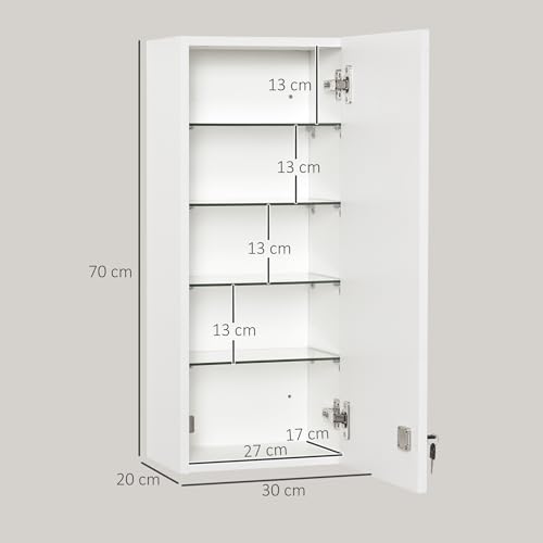 kleankin Wall Mounted Medicine Cabinet with Lock, 5 Shelves and Adjustable Shelves, Wood and Glass, White, 30 x 20 x 70 cm - Image 13