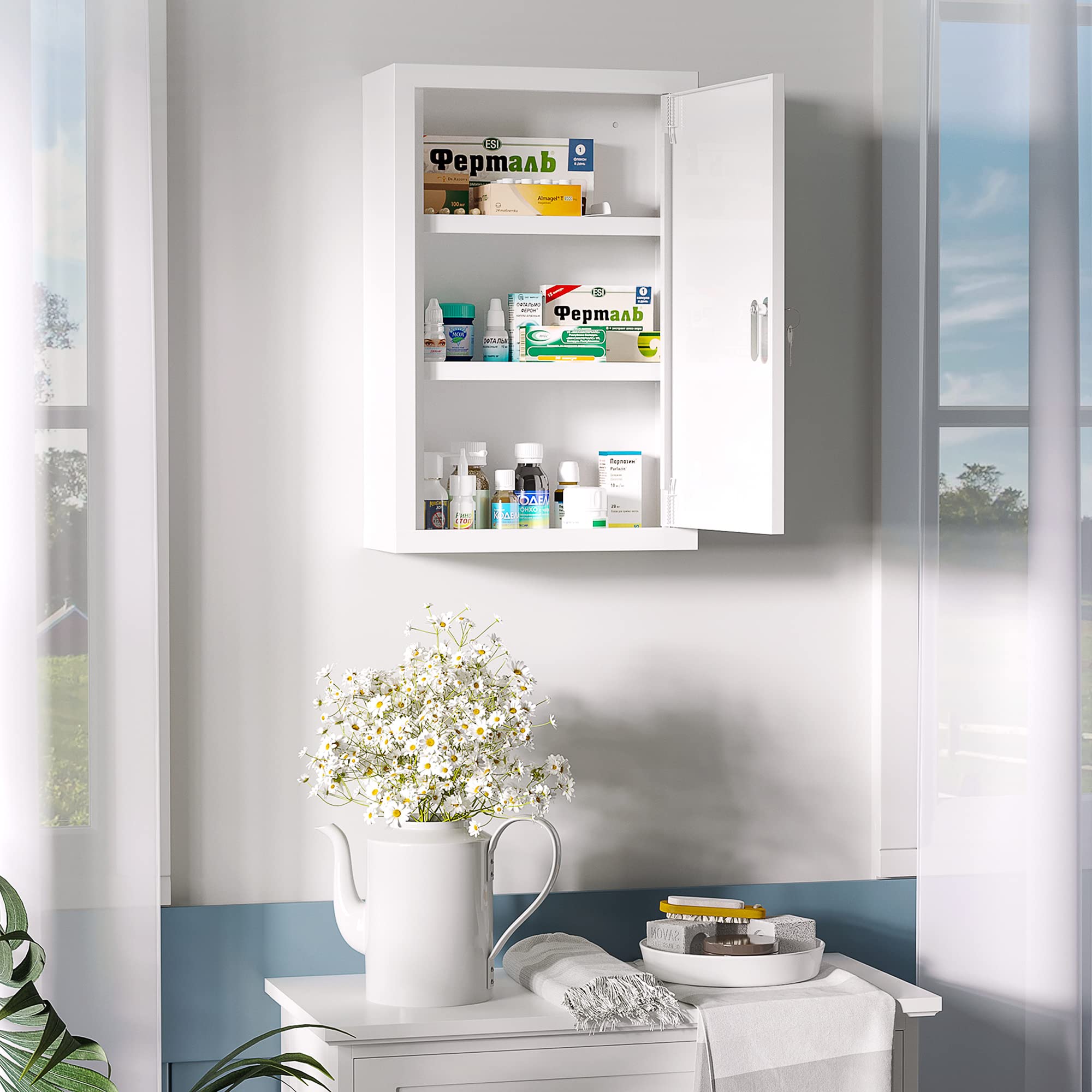 kleankin Wall Mounted Steel Medicine Cabinet 3 Tier Wall Mounted Medicine Cabinet with Lockable Door 2 Keys Bathroom Furniture Hallway Living Room 30 x 14 x 46 cm White - Image 1