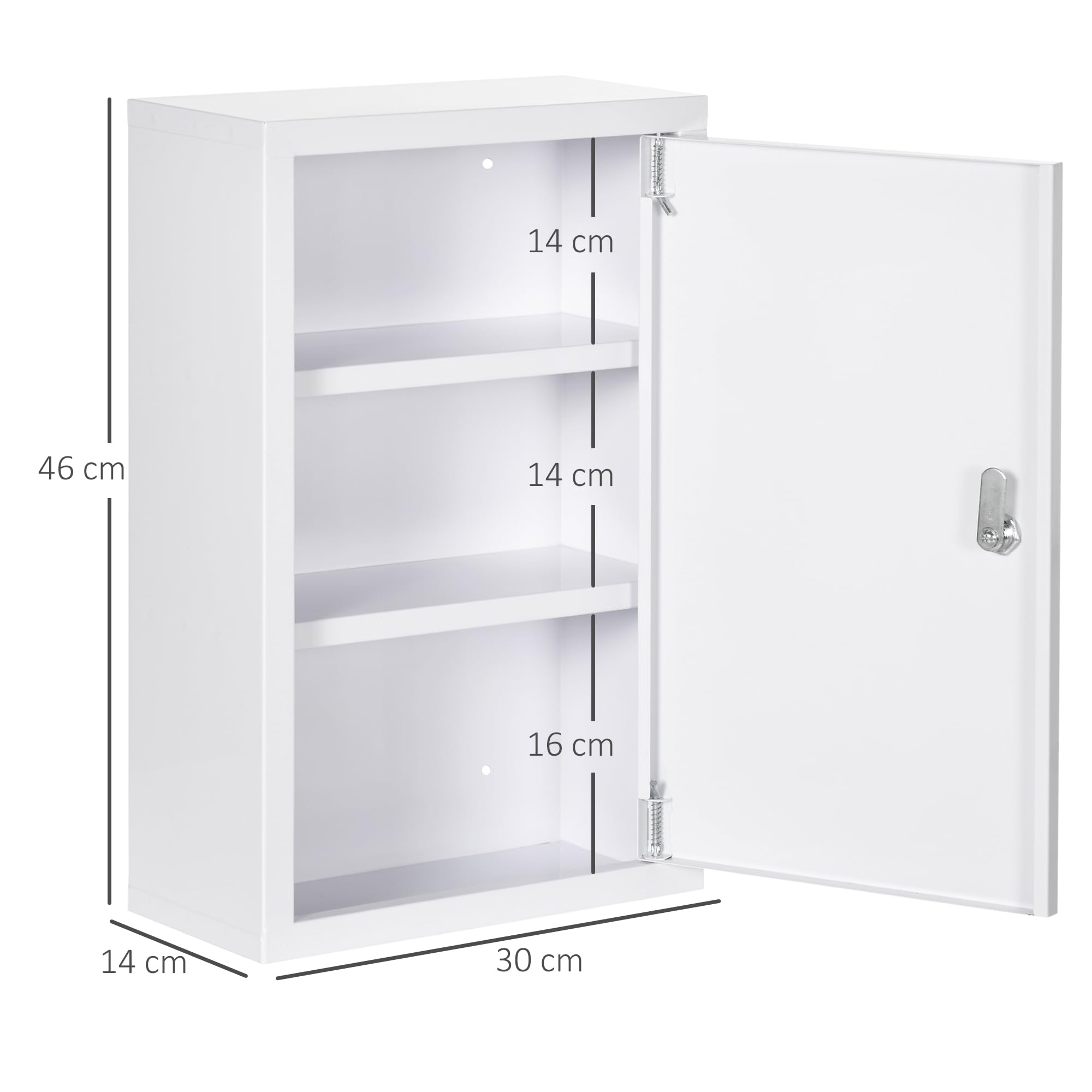 kleankin Wall Mounted Steel Medicine Cabinet 3 Tier Wall Mounted Medicine Cabinet with Lockable Door 2 Keys Bathroom Furniture Hallway Living Room 30 x 14 x 46 cm White - Image 2