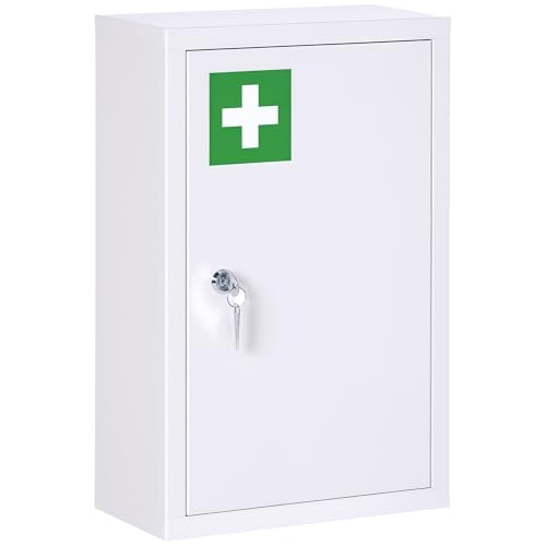 kleankin Wall Mounted Steel Medicine Cabinet 3 Tier Wall Mounted Medicine Cabinet with Lockable Door 2 Keys Bathroom Furniture Hallway Living Room 30 x 14 x 46 cm White - Image 9