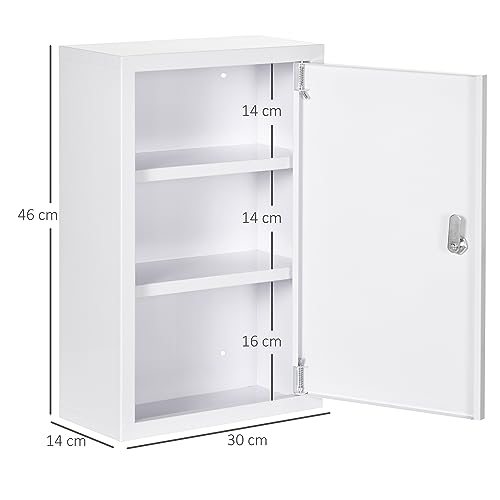 kleankin Wall Mounted Steel Medicine Cabinet 3 Tier Wall Mounted Medicine Cabinet with Lockable Door 2 Keys Bathroom Furniture Hallway Living Room 30 x 14 x 46 cm White - Image 11